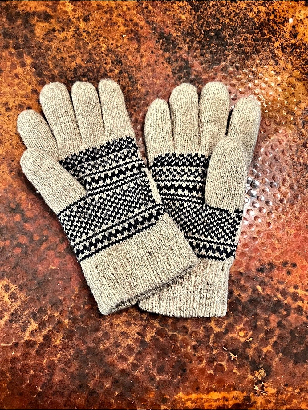 Fair Isle Knit Gloves Beige & Blue